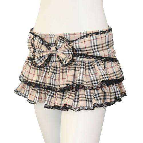 Ribbon frills race check mini skirt beige