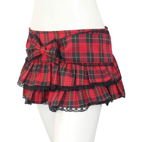 Ribbon ruffle lace check mini skirt Red